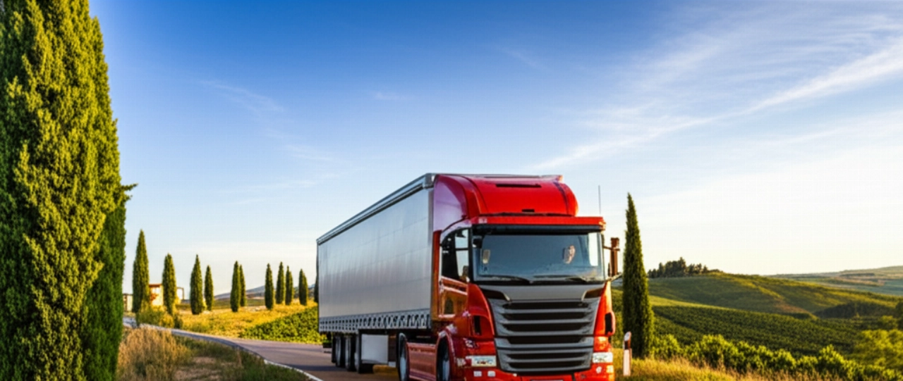 Grande camion da trasloco che percorre una strada panoramica attraverso la campagna toscana italiana al tramonto.