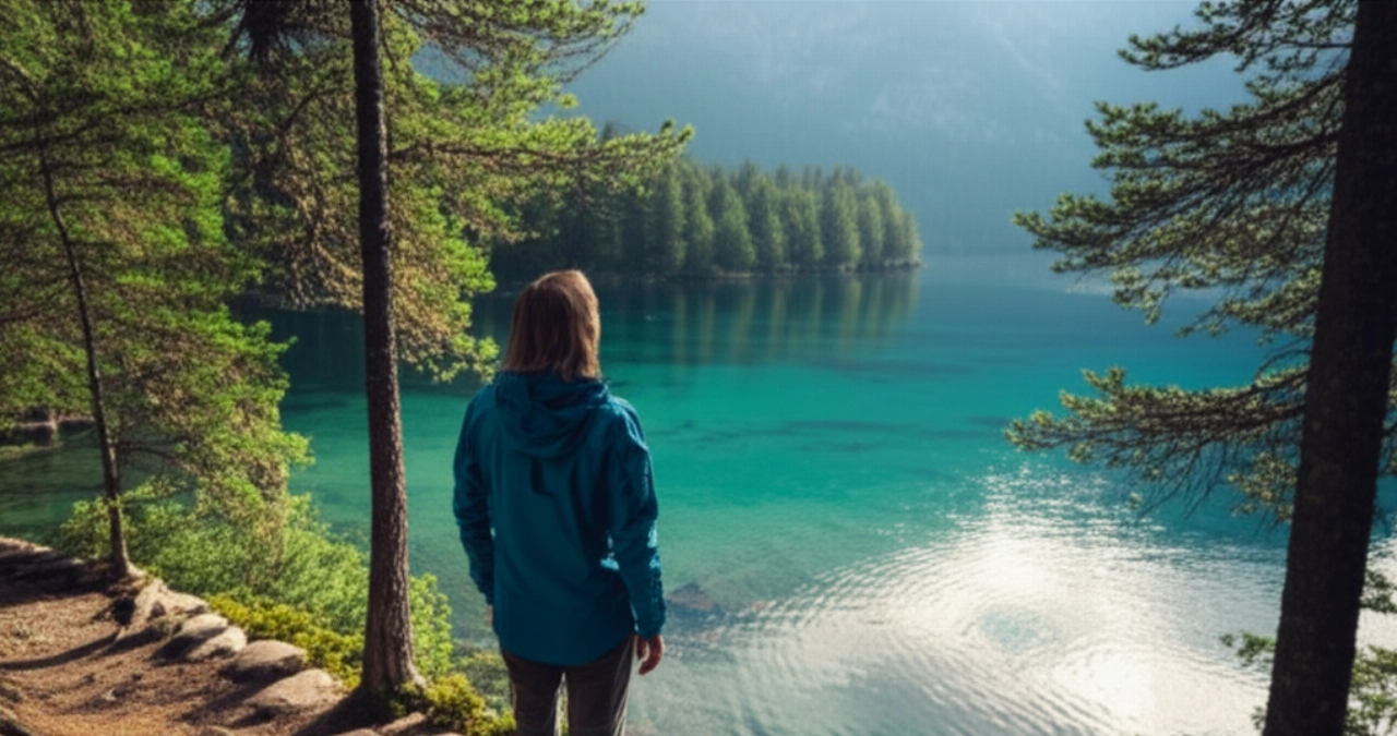 Una persona caucasica in abbigliamento da trekking ammira un sereno lago norvegese circondato da foreste e montagne.