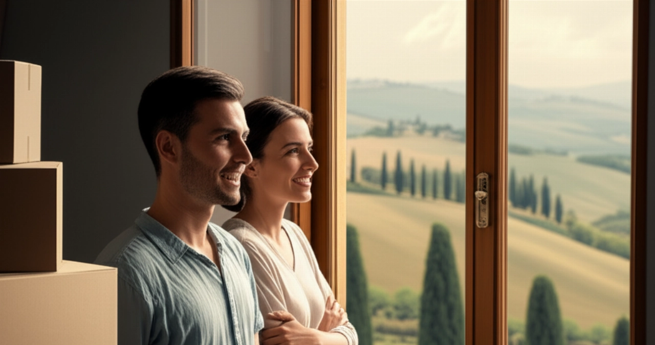 Una felice coppia caucasica sorride guardando fuori dalla finestra del loro nuovo appartamento italiano, con scatole di trasloco sullo sfondo e un paesaggio campestre. L'immagine evoca la gioia di un nuovo inizio.