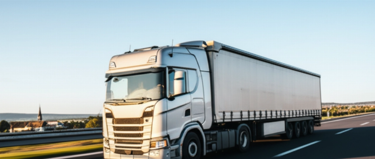 Moderno camion per traslochi su un'autostrada europea, simbolo del viaggio tra Italia e Belgio.