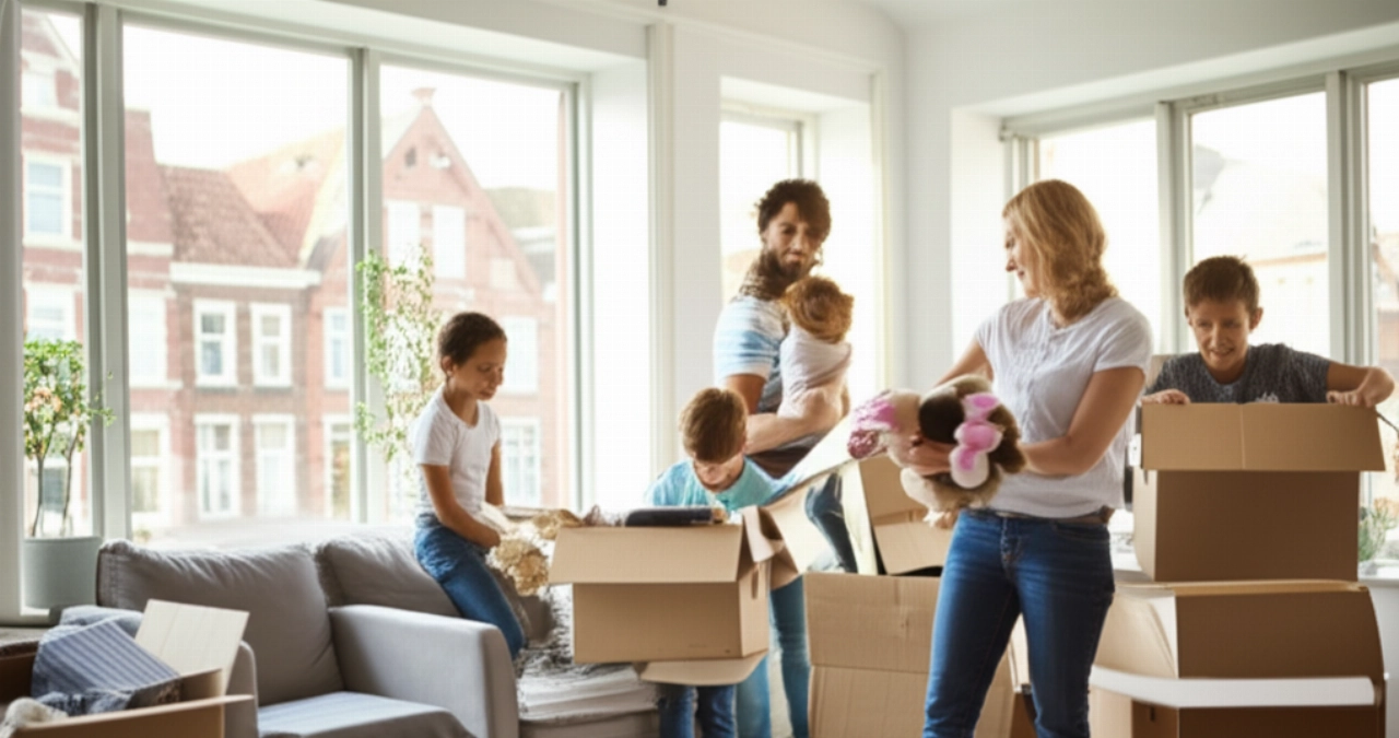 Famiglia caucasica felice che disimballa scatole nella loro nuova casa luminosa in Belgio.