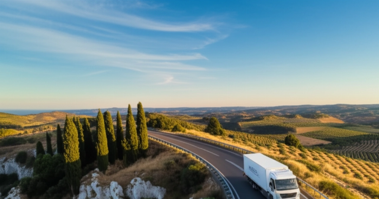 Camion di trasloco bianco che percorre un'autostrada costiera panoramica, con il paesaggio che transita dalle scogliere italiane alle colline spagnole.