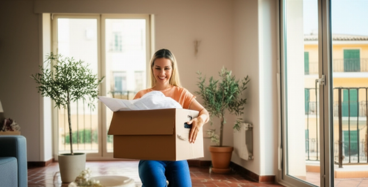 Donna caucasica sorridente che disimballa uno scatolone in un luminoso e moderno soggiorno spagnolo, circondata da oggetti che suggeriscono una nuova casa.