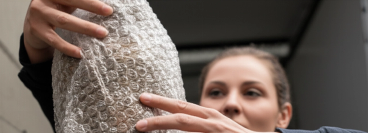 Due traslocatori caucasici professionisti avvolgono con cura un vaso delicato, mostrando attenzione e cura nel servizio.