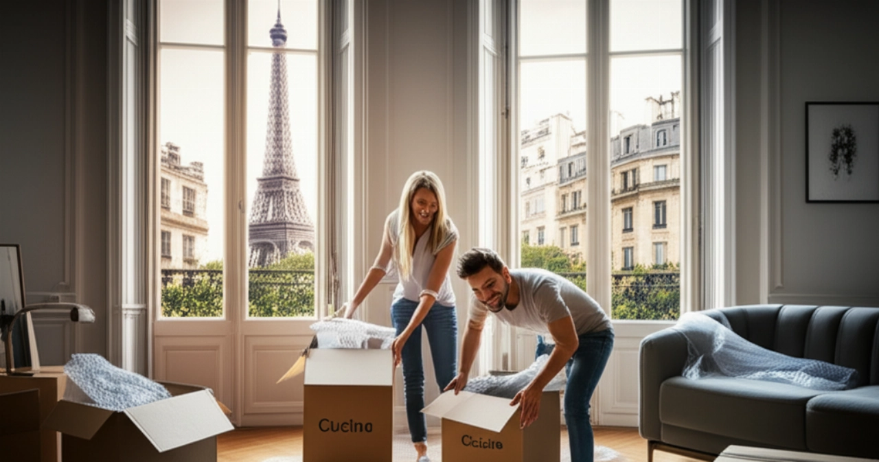 Coppia caucasica che disimballa in un elegante appartamento parigino con vista sulla Torre Eiffel, simbolo di un nuovo inizio.