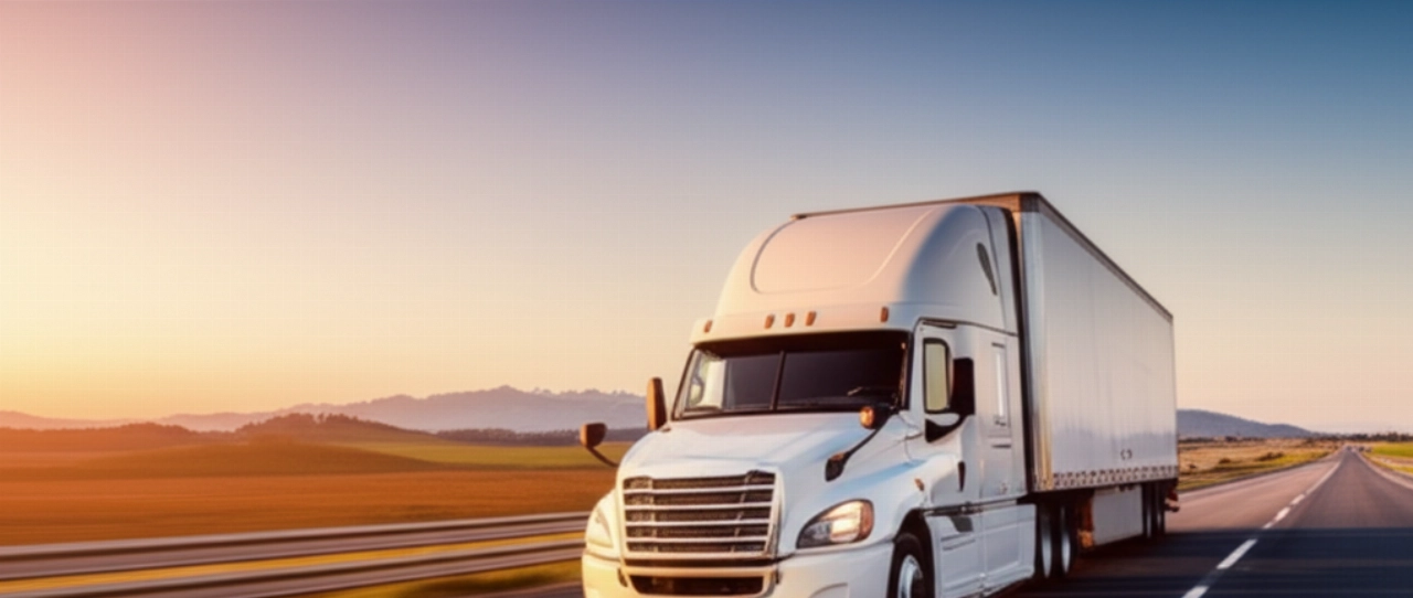 Un grande camion da trasloco moderno e senza logo viaggia su un'autostrada panoramica all'alba, con la luce dorata che riflette sulla sua superficie, simboleggiando un lungo viaggio nazionale.