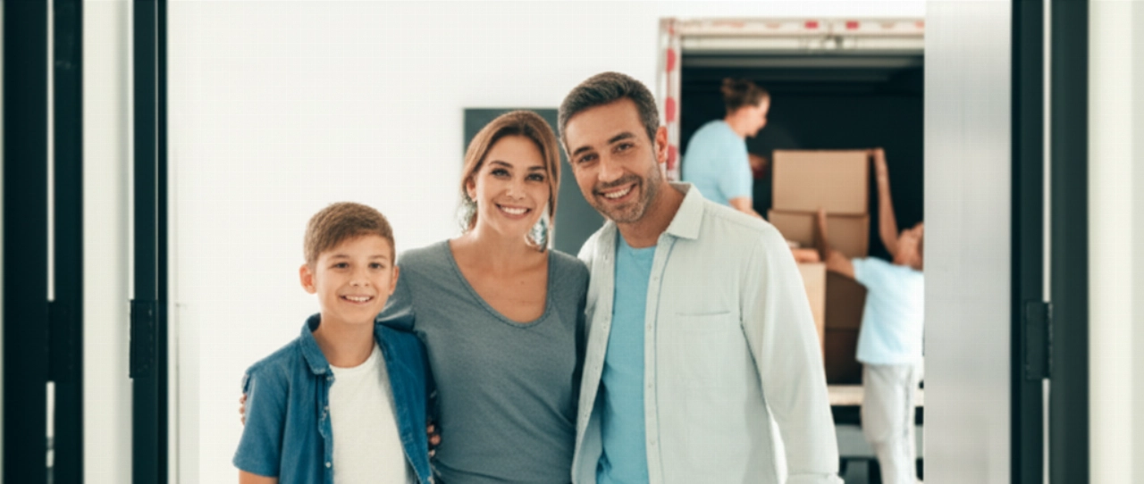 Una famiglia caucasica sorridente si trova sulla soglia della loro nuova casa luminosa, con scatoloni in fase di scarico da parte di traslocatori professionisti sullo sfondo, che simboleggia un nuovo inizio.