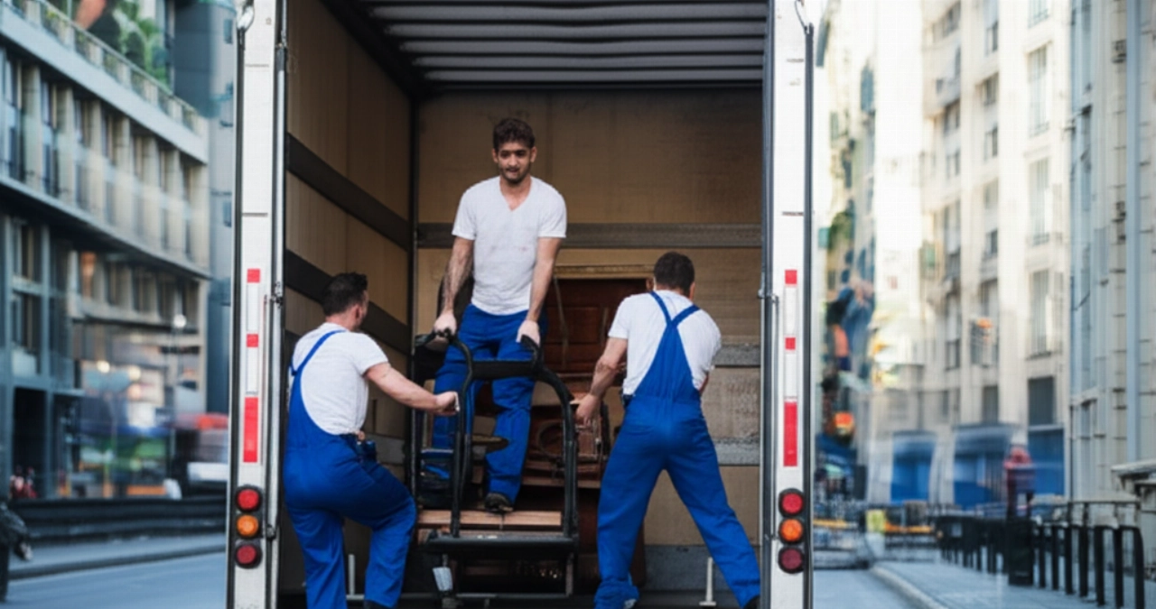 Una squadra di tre traslocatori caucasici carica un pesante pianoforte verticale su un camion utilizzando attrezzature specializzate in una strada urbana.