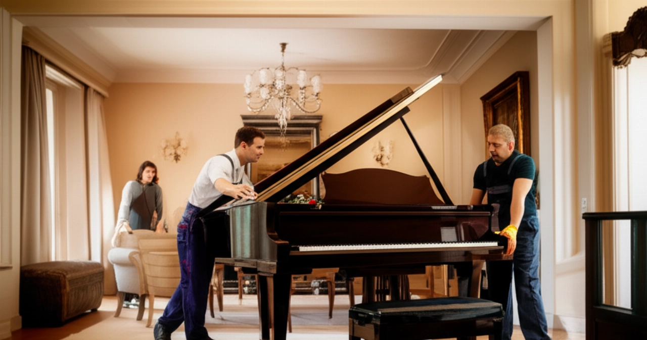 Un magnifico pianoforte a coda viene posizionato con cura in un ampio soggiorno di una nuova casa, con un traslocatore caucasico che effettua l'ultima regolazione.