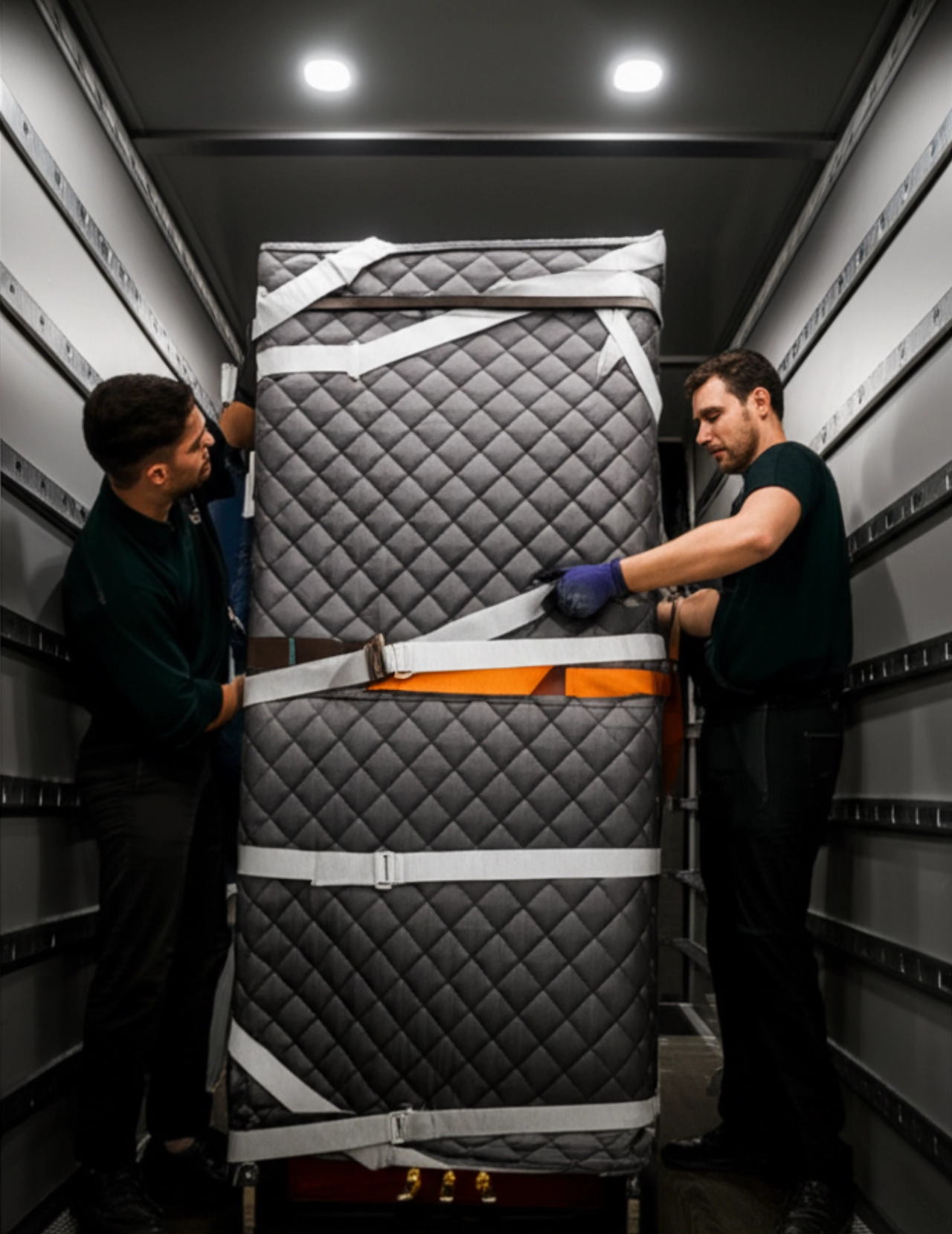 Un pianoforte verticale, avvolto in coperte protettive e fissato con cinghie, all'interno di un camion specializzato, con un traslocatore caucasico che ne verifica la sicurezza.