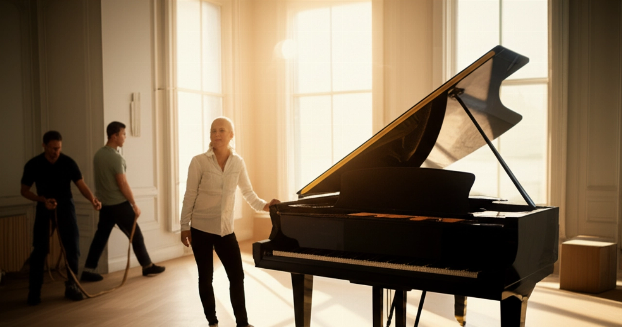 Un pianoforte a coda appena posizionato in un elegante salotto, con un proprietario caucasico che lo ammira soddisfatto, simboleggiando la riuscita di un trasloco complesso.