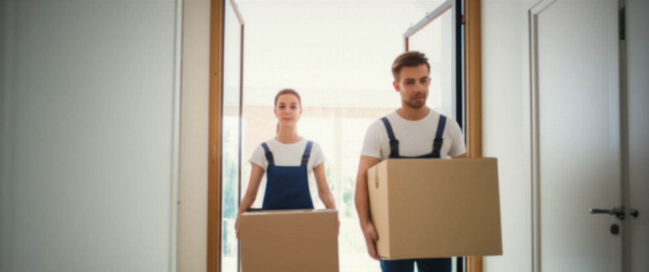 Traslocatori caucasici professionisti che trasportano una scatola con efficienza e cura attraverso una porta, simboleggiando un servizio di trasloco rapido e di valore.