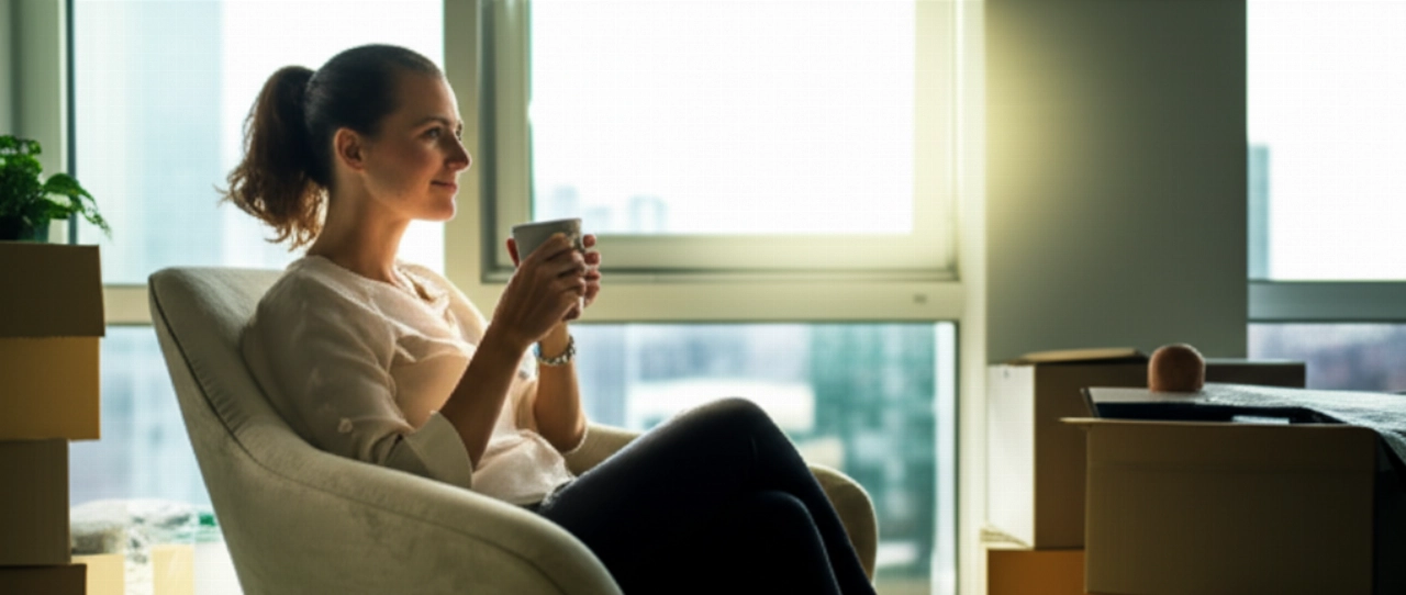 Donna caucasica rilassata in un nuovo appartamento parzialmente disimballato, che si gode la vista dalla finestra, simboleggiando un trasloco completato con successo e senza stress.