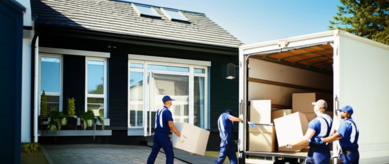 Traslocatori caucasici professionisti che caricano con cura scatoloni e mobili su un camion di trasloco pulito, sotto un sole splendente, simboleggiando un servizio efficiente e sereno.