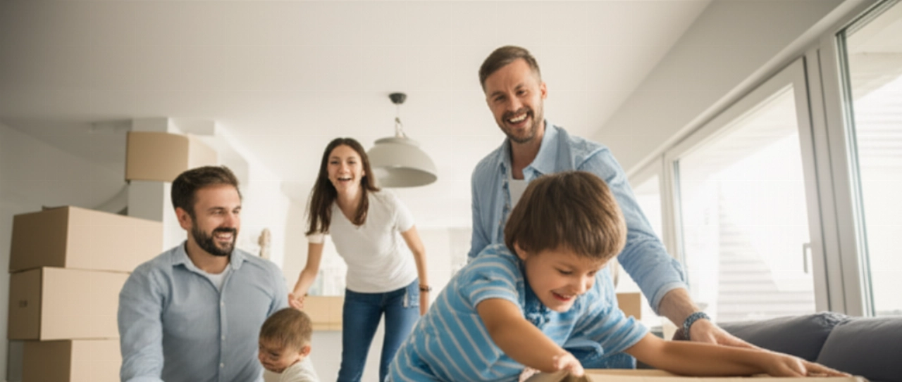 Giovane famiglia caucasica sorridente che disimballa gli scatoloni nel luminoso soggiorno della loro nuova casa, simboleggiando la gioia di un trasloco di successo e conveniente.