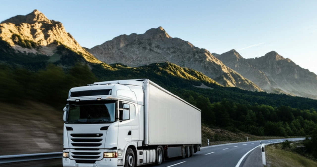 Un camion da trasloco bianco viaggia su un'autostrada europea tra montagne maestose, simboleggiando il viaggio Spagna-Italia.