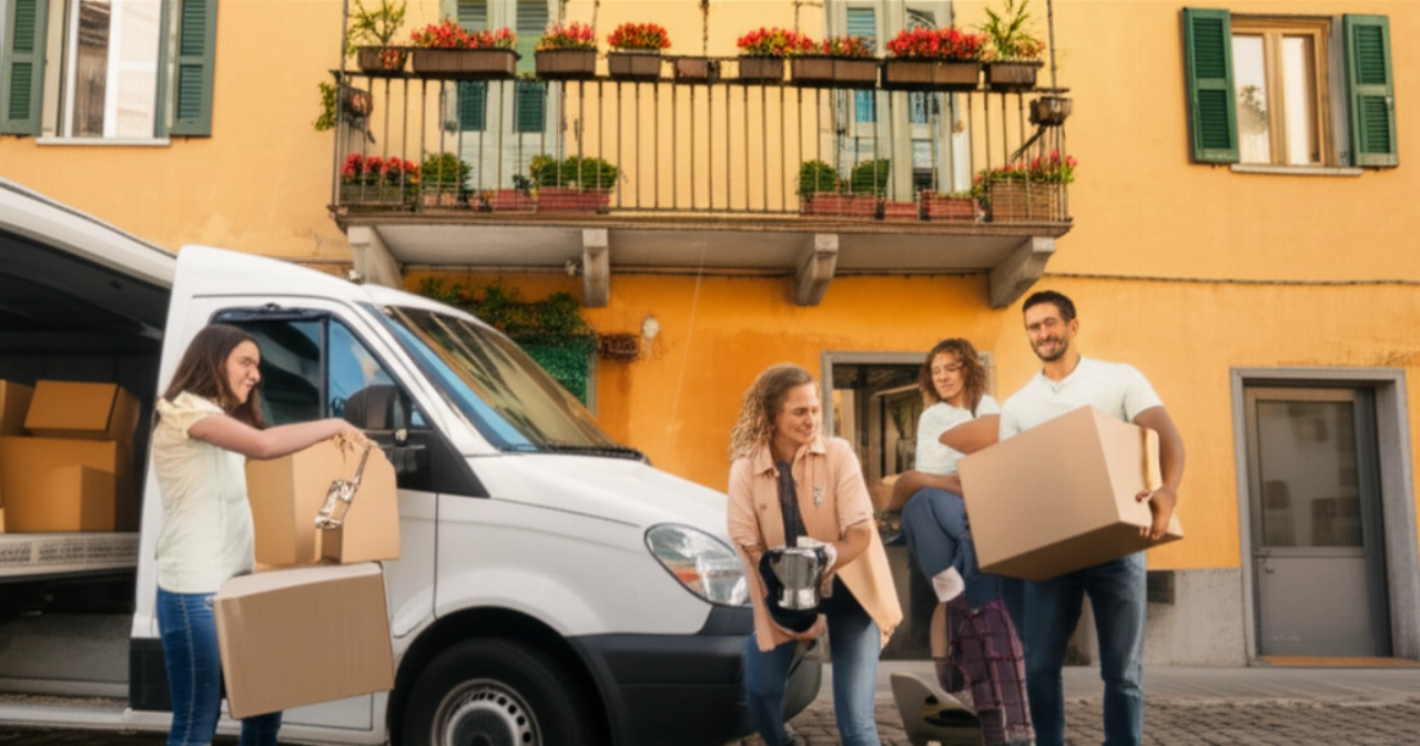 Famiglia caucasica scarica scatoloni davanti a un'antica casa italiana, simboleggiando l'arrivo dopo un trasloco.