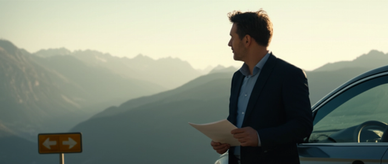 Uomo caucasico in piedi con documenti, di fronte a un paesaggio alpino che suggerisce un confine tra Svizzera e Italia.