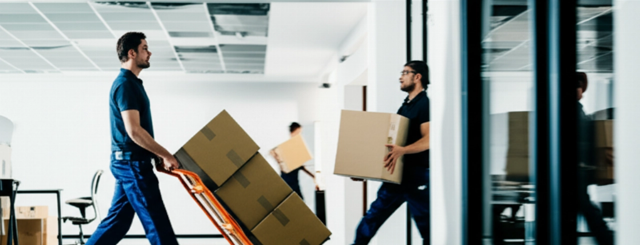 Scena iperrealistica di traslocatori caucasici che trasportano scatole di cartone lungo un corridoio d'ufficio, evidenziando l'efficienza del processo di trasloco.
