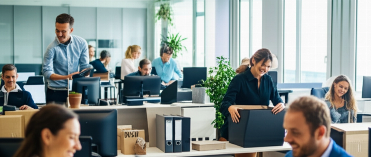 Nuovo ufficio moderno con impiegati caucasici che si sistemano e lavorano alle loro postazioni dopo un trasloco.
