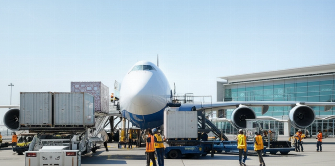 Aereo cargo in fase di carico su una pista aeroportuale, con personale caucasico, che rappresenta la logistica aerea internazionale.
