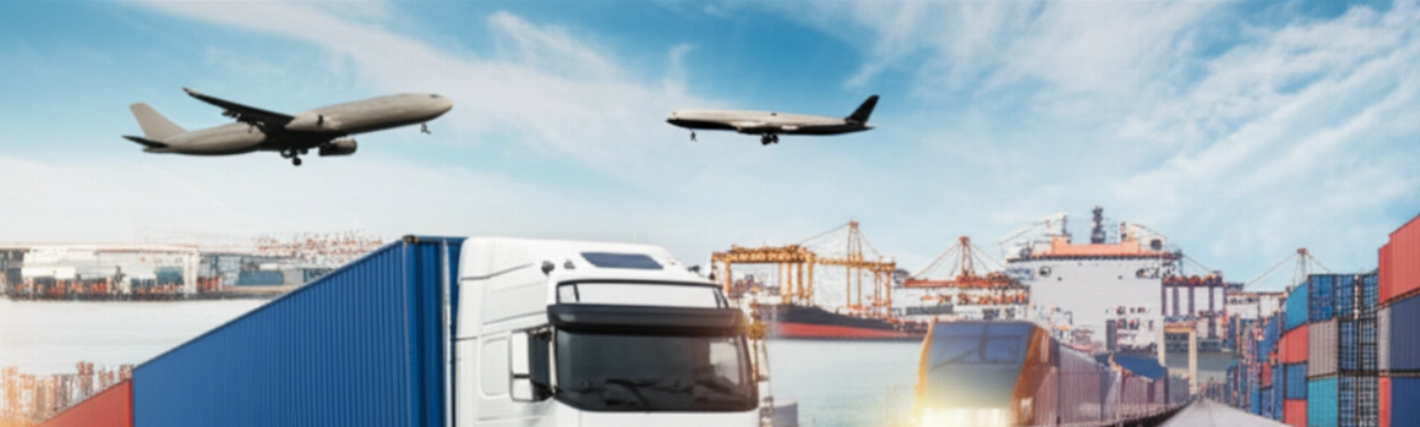 Diversi mezzi di trasporto (camion, treno, nave, aereo) convergono, illustrando la complessa rete di spedizioni internazionali.