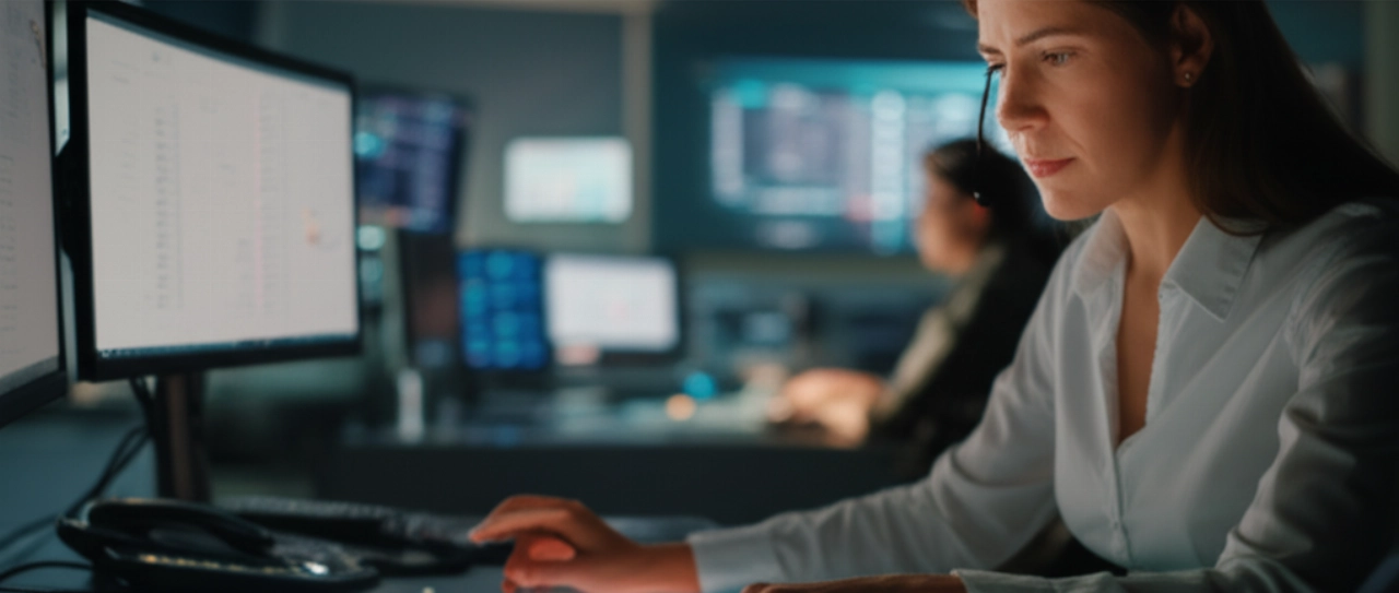 Una dispatcher caucasica che interagisce con una mappa digitale di rotte di trasporto tra Italia e Germania, simboleggiando la gestione logistica avanzata.