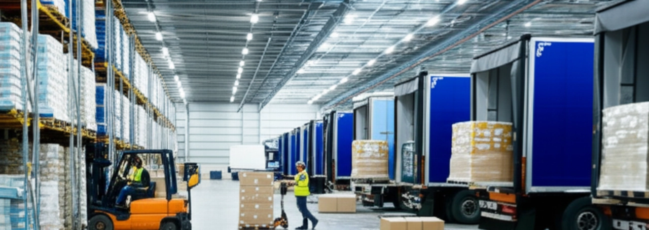 Interno iperrealistico di un moderno centro logistico al confine italo-svizzero, con lavoratori caucasici che movimentano merci e camion in fase di carico/scarico.