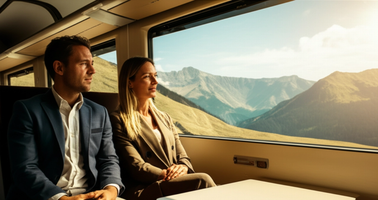 Passeggeri caucasici in un moderno treno alpino, che ammirano il panorama montano attraverso un grande finestrino, con un'atmosfera lussuosa e confortevole.