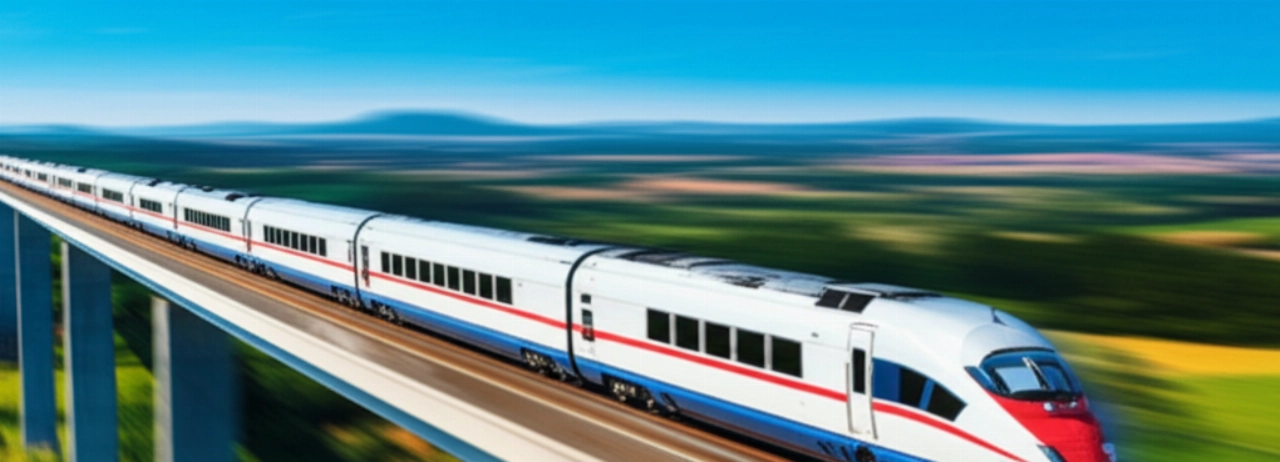 Treno ad alta velocità futuristico che sfreccia su un viadotto, attraversando un paesaggio europeo verdeggiante sotto un cielo sereno.
