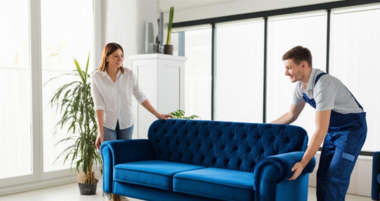 Un nuovo divano di velluto blu viene posizionato con cura in un luminoso soggiorno moderno, con un traslocatore e una proprietaria di casa caucasici.