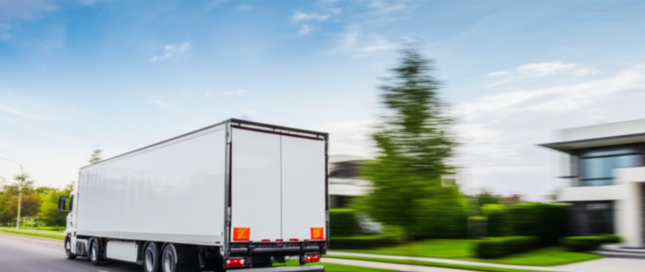 Un grande camion di traslochi moderno e pulito percorre una strada alberata suburbana verso una nuova casa contemporanea.