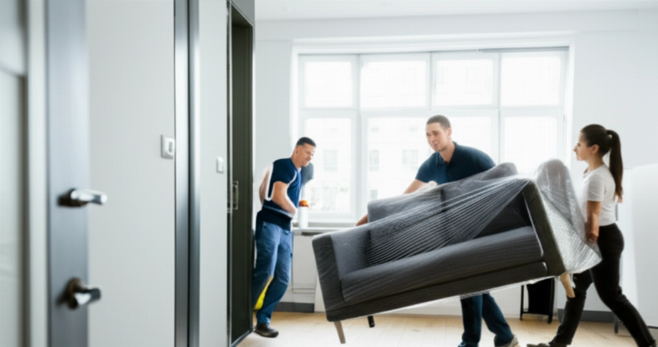Traslocatori professionisti consegnano un divano in un moderno appartamento tedesco, simbolo di un nuovo inizio.