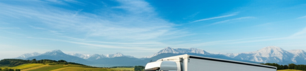 Camion di traslochi su un'autostrada panoramica, che attraversa paesaggi dall'Italia alla Germania, simboleggiando un viaggio senza intoppi.