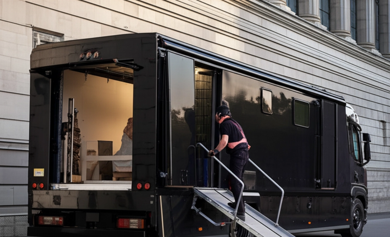 Camion blindato per il trasporto d'arte all'esterno di un museo, con un addetto caucasico che supervisiona il carico di una scultura imballata.