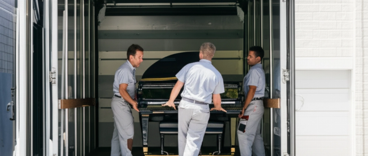 Un grande pianoforte a coda scuro viene caricato con attenzione su un camion specializzato tramite una rampa robusta, guidato da due traslocatori caucasici, in un'immagine iperrealistica che enfatizza il trasporto sicuro.