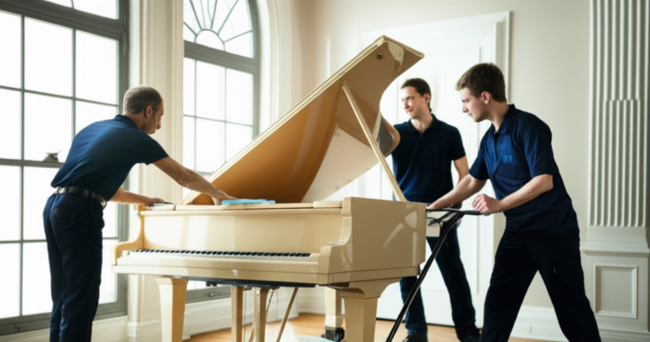 Tre traslocatori professionisti caucasici effettuano le regolazioni finali a un bellissimo pianoforte a coda chiaro in una stanza spaziosa e illuminata dal sole, dimostrando precisione e lavoro di squadra in un'immagine iperrealistica.