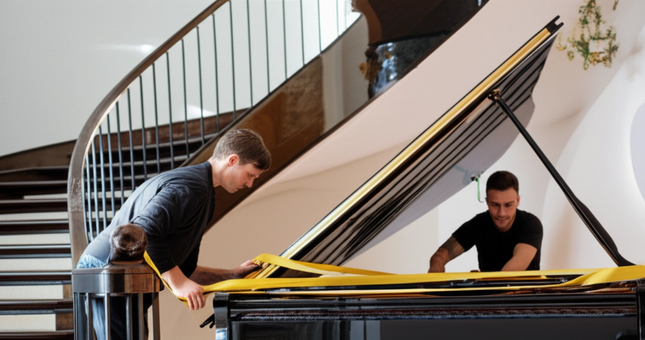 Un pianoforte a coda è posizionato in sicurezza su un pianerottolo spazioso, con un traslocatore caucasico che ne regola le cinghie protettive, trasmettendo precisione e cura.