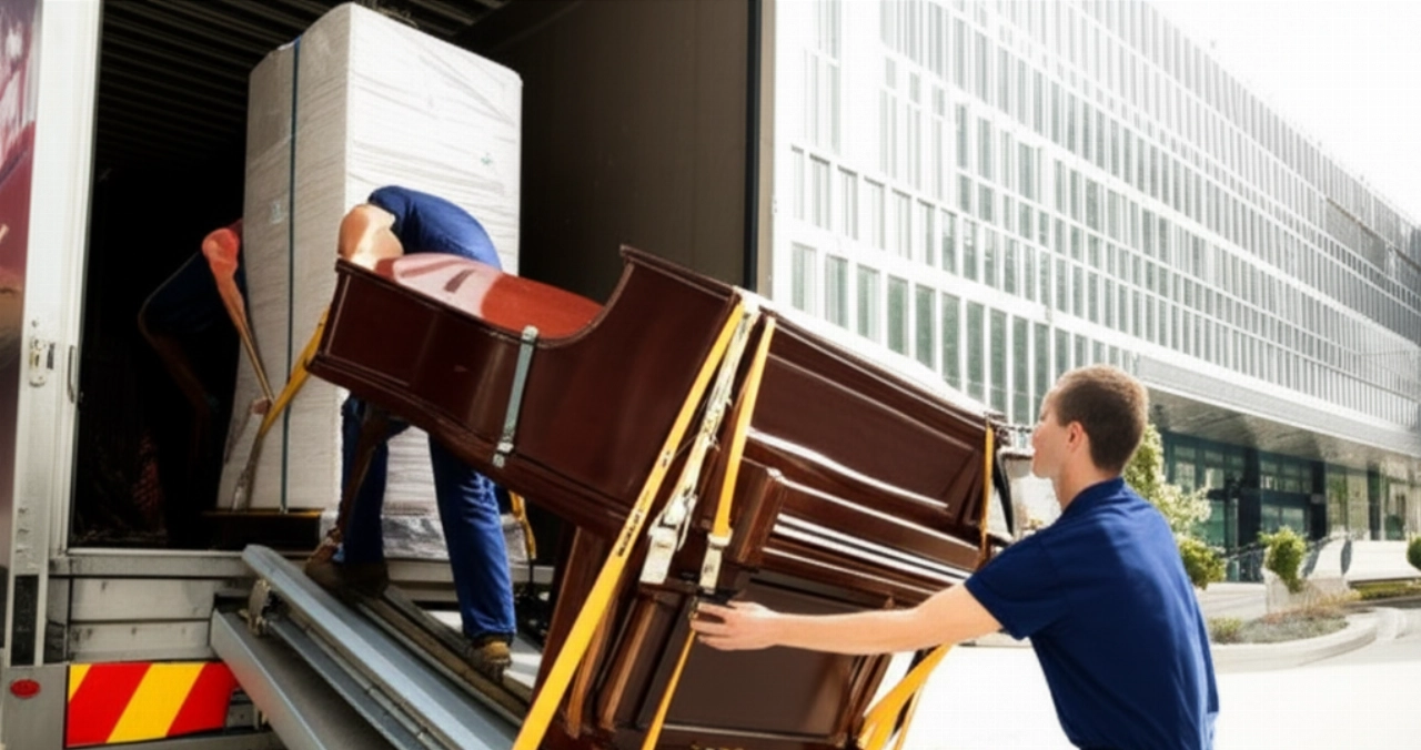 Traslocatori professionisti caricano un pianoforte verticale su un camion usando una rampa specializzata.