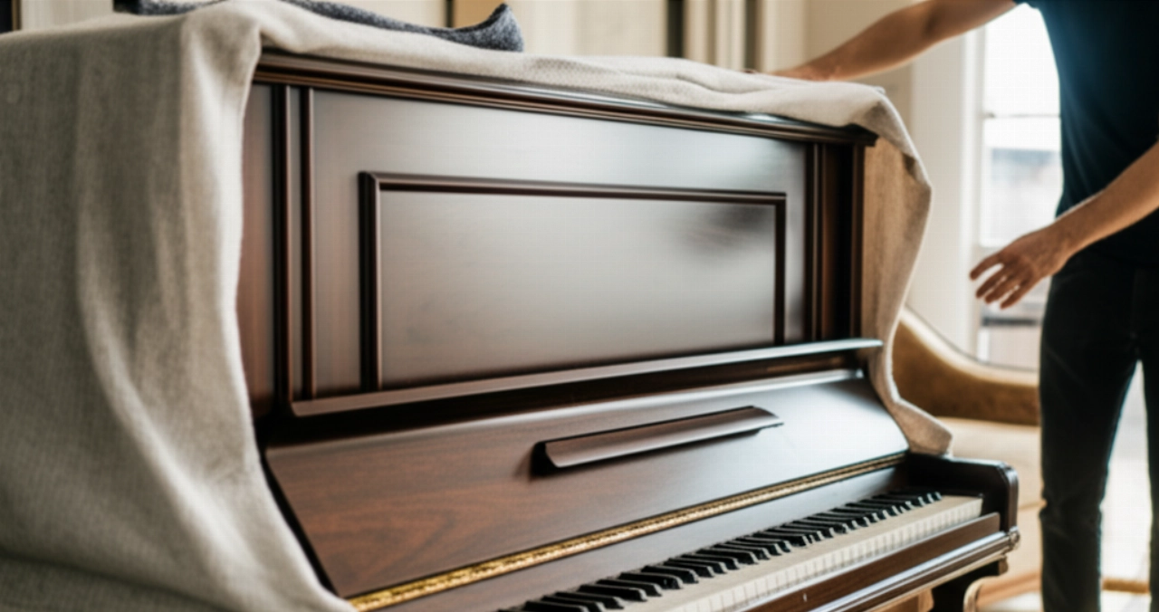 Un pianoforte verticale in legno scuro viene delicatamente posizionato in una stanza luminosa.