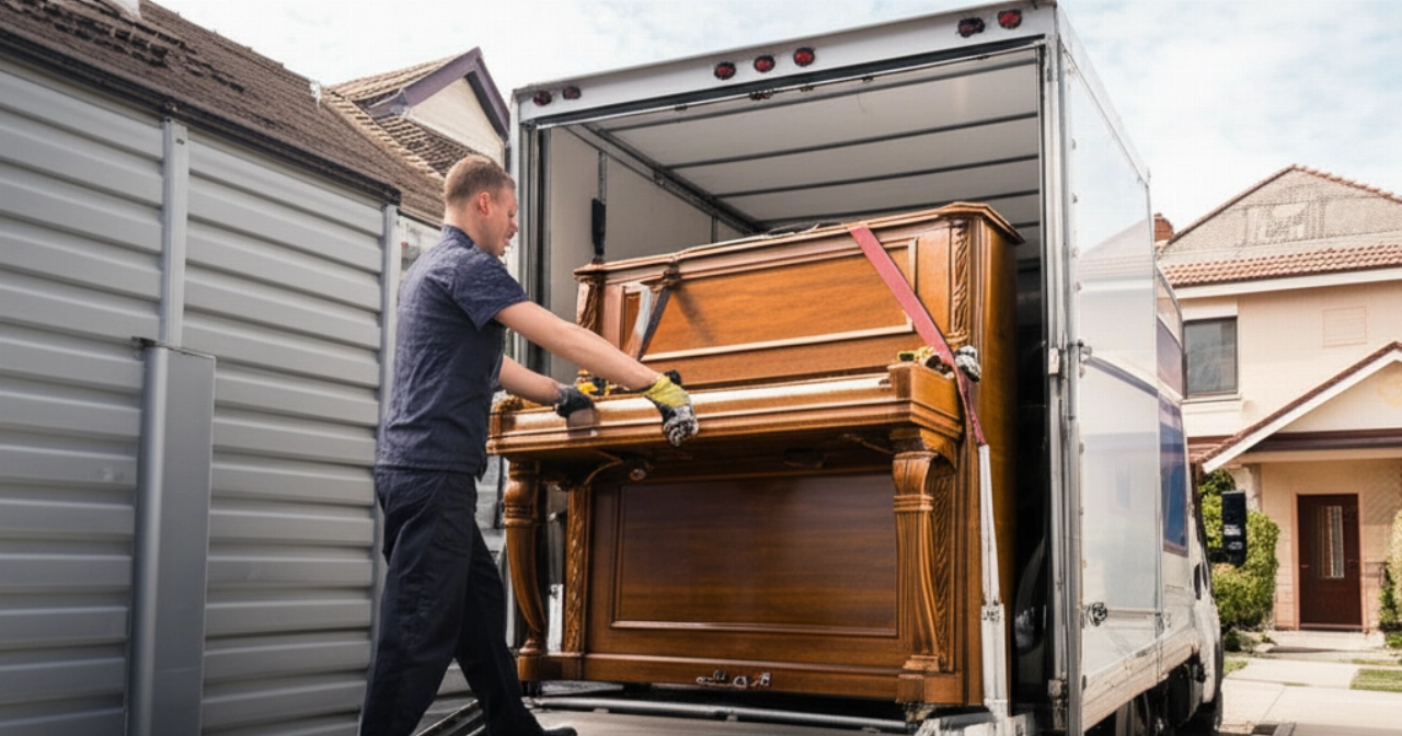 Un traslocatore professionista caucasico carica un pianoforte verticale su un camion di trasloco usando una rampa specializzata.