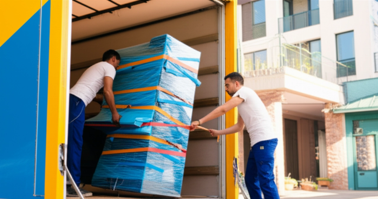 Immagine iperrealistica di un team di traslocatori professionisti caucasici che preparano un pianoforte verticale per il carico su un camion.