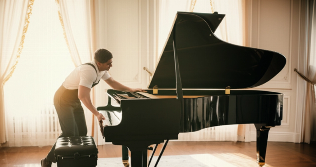 Immagine iperrealistica di un pianoforte a coda appena posizionato in un elegante salotto, simbolo di una consegna riuscita.