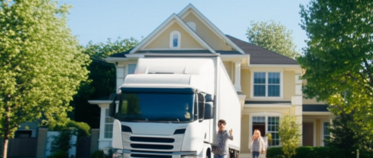 Un moderno camion dei traslochi arriva davanti a una nuova casa suburbana, con una coppia caucasica sorridente e piena di aspettative per il nuovo inizio.