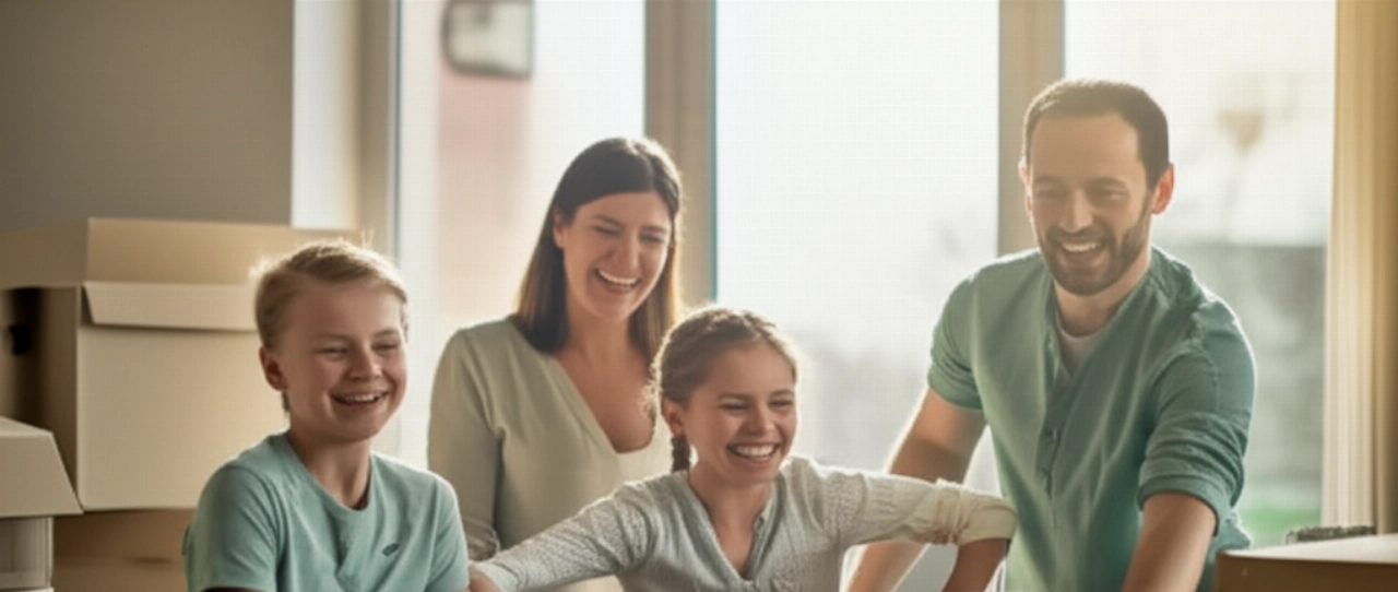 Famiglia caucasica felice che disimballa gli scatoloni nella nuova casa, simbolo di un trasloco senza stress.