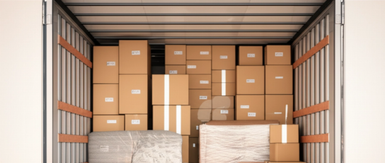 Interno di un camion da trasloco perfettamente organizzato con scatoloni e mobili imballati.