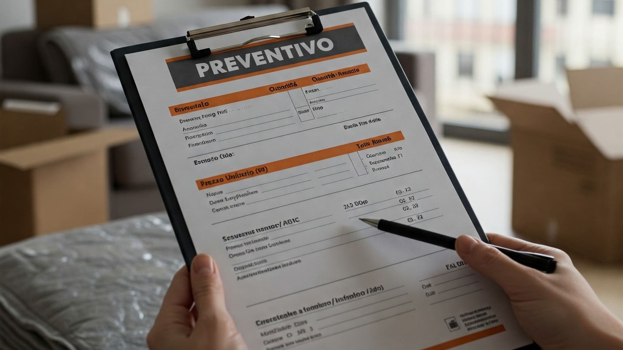 Un foglio di preventivo per un trasloco con la scritta "Costo Trasloco" in evidenza, appoggiato su scatoloni e mobili imballati.