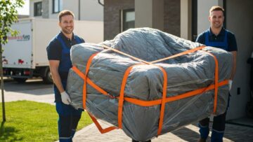 Traslocatori professionisti trasportano un divano imballato fuori da una casa. Immagine che rappresenta l'affidabilità di una ditta di trasloco.