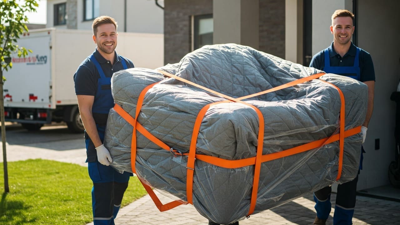 Traslocatori professionisti trasportano un divano imballato fuori da una casa. Immagine che rappresenta l'affidabilità di una ditta di trasloco.