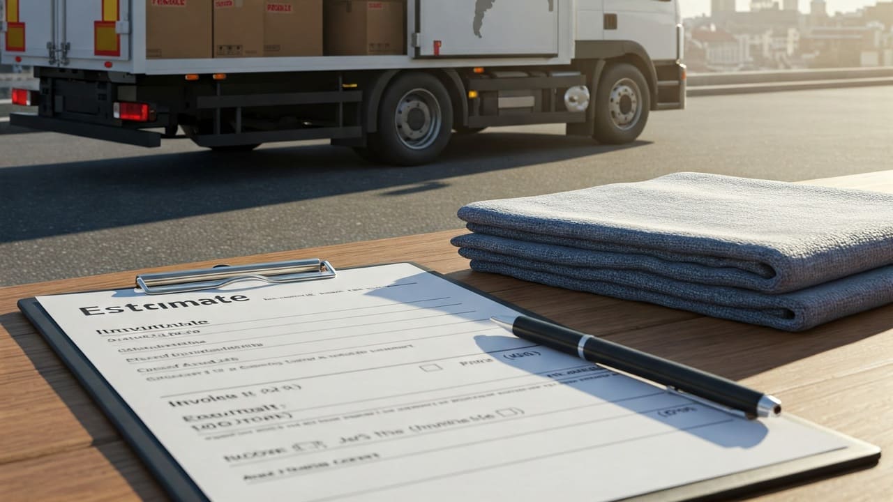 Traslochi internazionali prezzi: camion con preventivo in primo piano, a simboleggiare i costi del servizio.